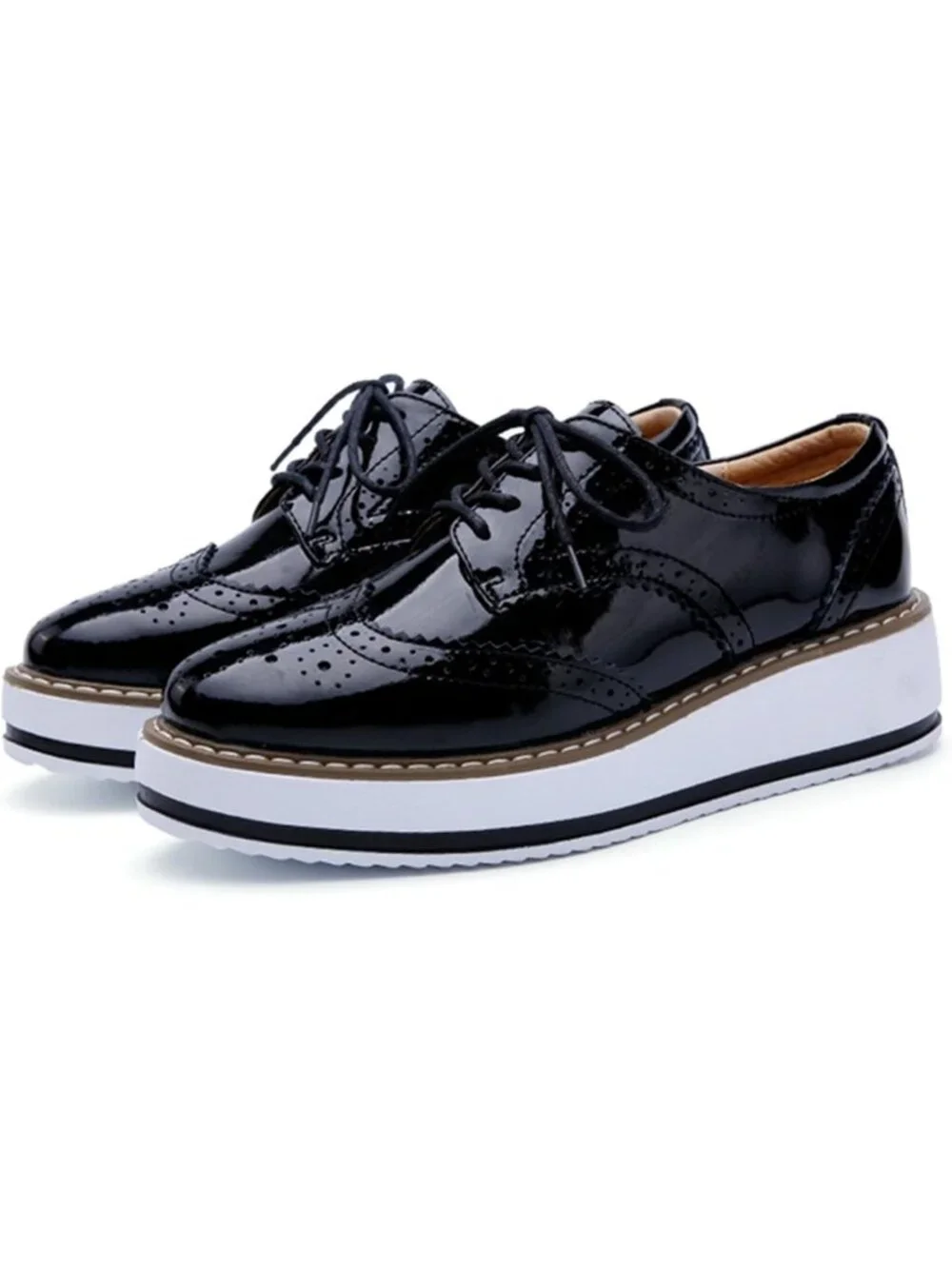 Womens Shine-Black Round Toe Lace Up Leather Oxford Shoes Wingtip White Platform